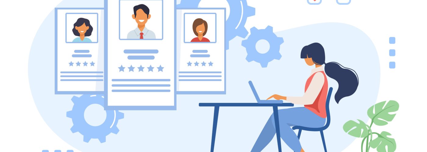 Recruit agent analyzing candidates. HR manager studying employees profiles on internet flat vector illustration. Rate, staff, human resource concept for banner, website design or landing web page